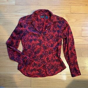 100% Silk Romantic Red and Black Rose Print Blouse Whimsigoth